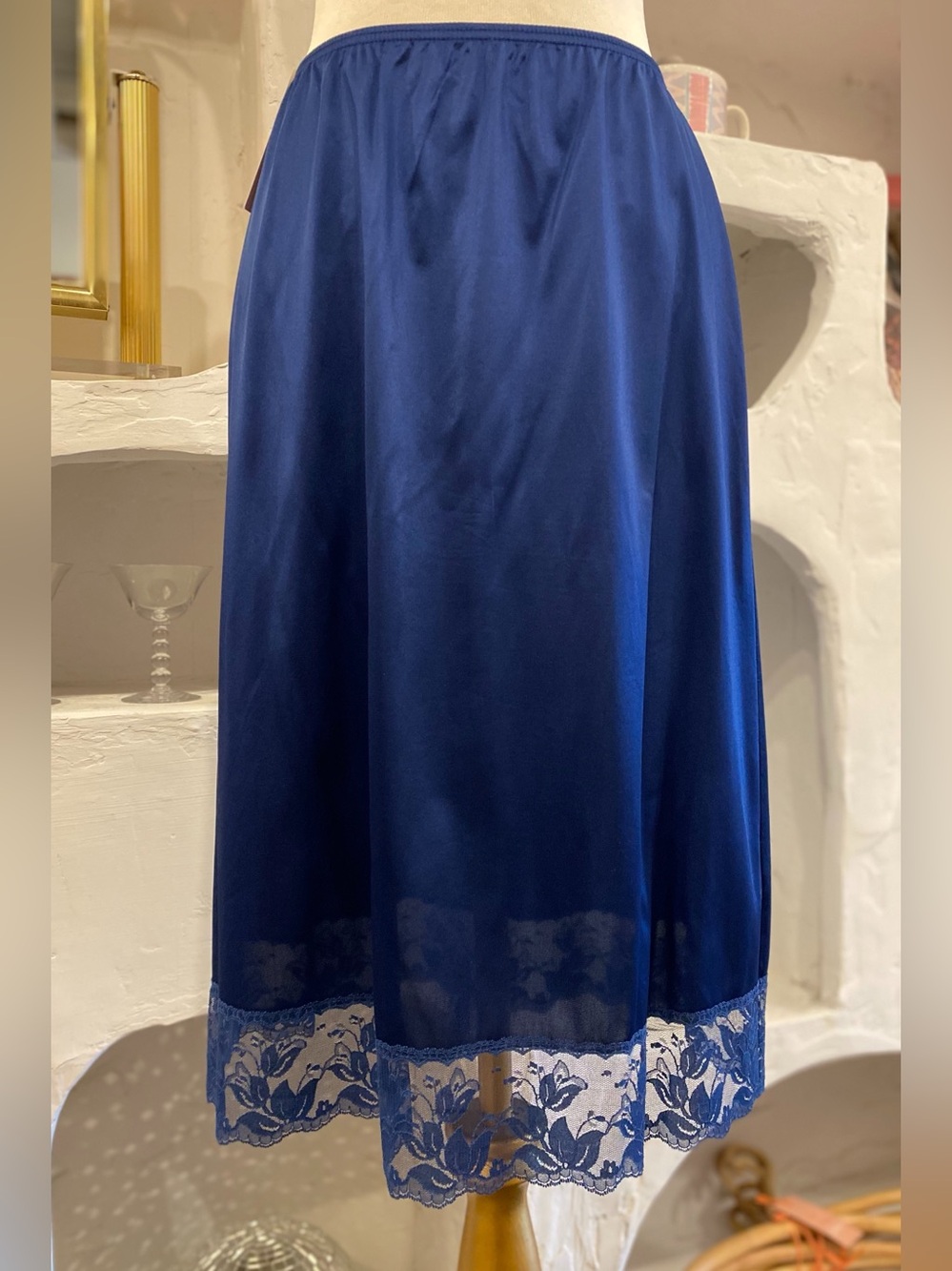 Vintage Blue Lace Hem A-Line Satin Knee Length Slip Skirt with Elastic Waistband